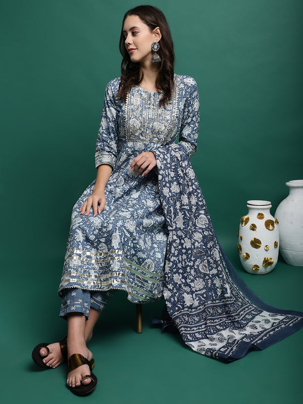 Blue Printed Thread Work Pure Cotton Empire A-Line Kurta with Trousers & Dupatta
