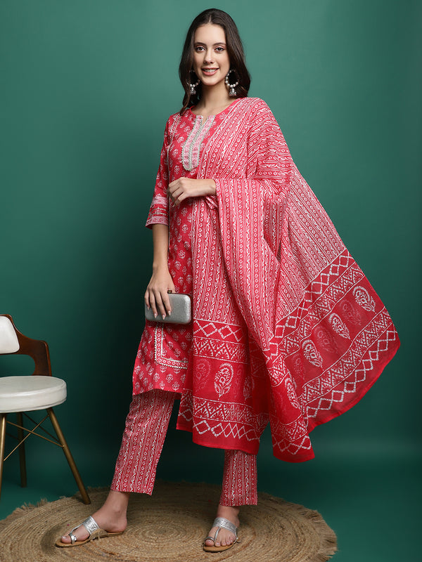 Red Printed Pure Cotton Kurta With Trouser & Dupatta