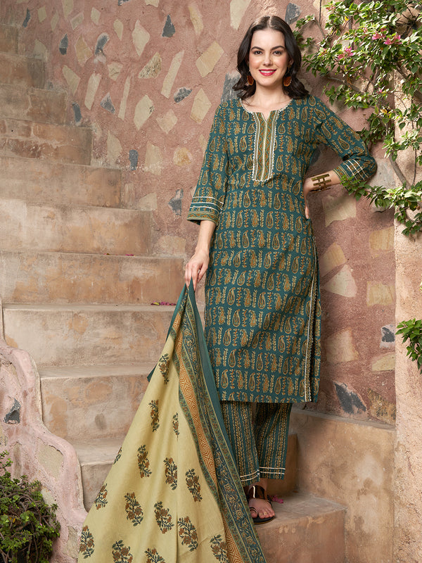 Verdant Bloom Green Floral Printed Kurta Pant with Dupatta Set Elegant Ethnic Wear for Women