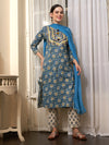 Aqua Bloom Turquoise Cotton Printed Kurta Pant with Dupatta Set Ethnic Wear for Women