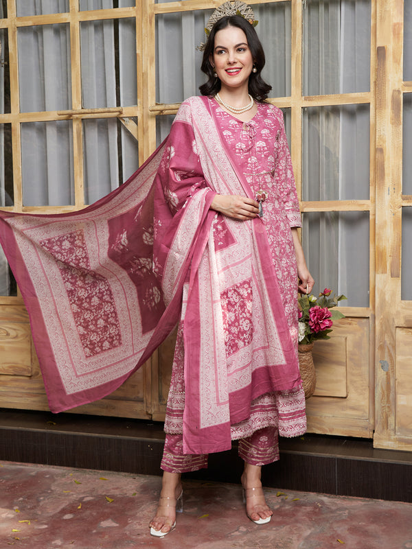 Ethnic Motifs Printed Pure Cotton Kurta with Trousers & Dupatta