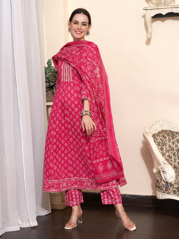 Printed & Embroidered Pure Cotton A-Line Kurta With Trouser & Dupatta