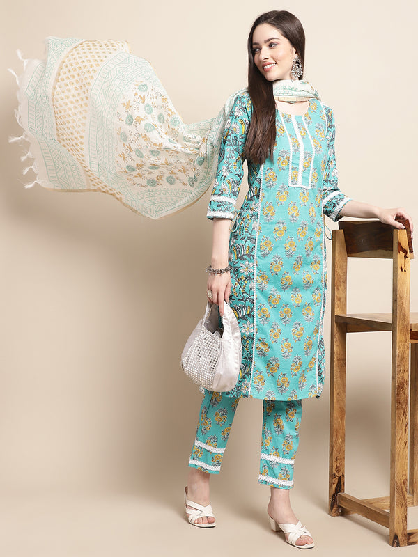Blue & Gold Ethnic Motifs Printed Pure Cotton Kurta With Trouser & Dupatta