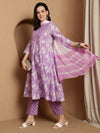 Lavender Bloom Floral Printed Notch Neck Pure Cotton Anarkali Kurta & Trousers With Dupatta