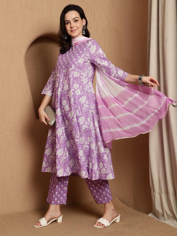 Lavender Bloom Floral Printed Notch Neck Pure Cotton Anarkali Kurta & Trousers With Dupatta
