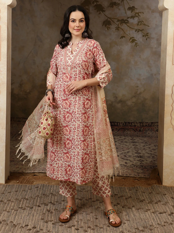 Amaira Floral Printed Straight Pure Cotton Kurta Set with Trousers & Dupatta - BANDIA