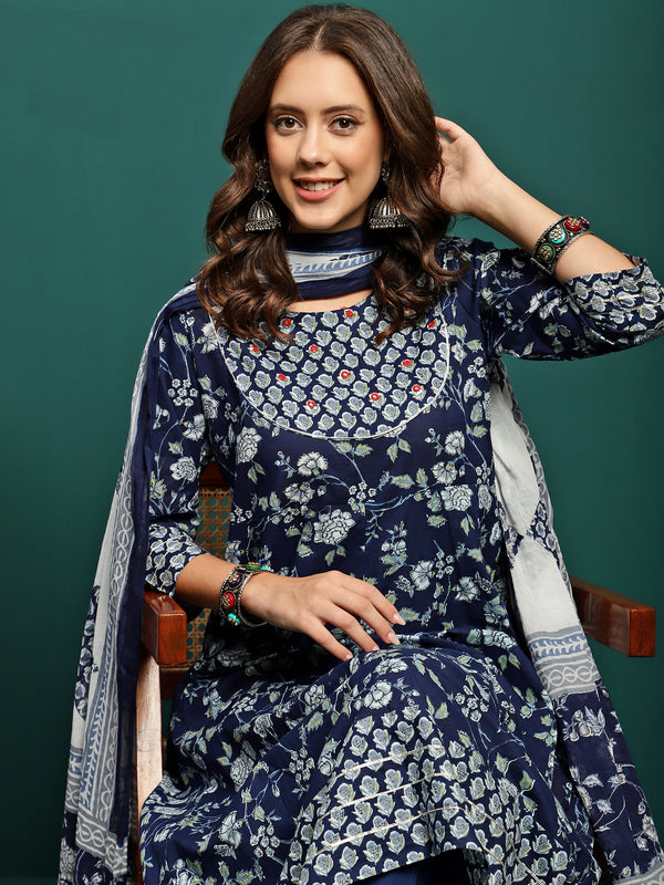 Printed Pure Cotton Anarkali Kurta With Trouser & Dupatta Set