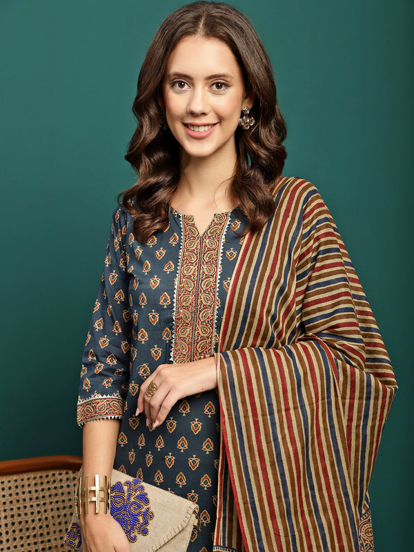 Ocean Drift Printed Pure Cotton Straight Kurta With Trouser & Dupatta Set