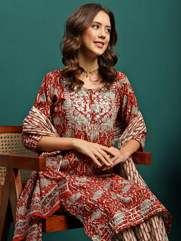 Ruby Harvest Printed Pure Cotton Kurta With Trouser & Dupatta Set