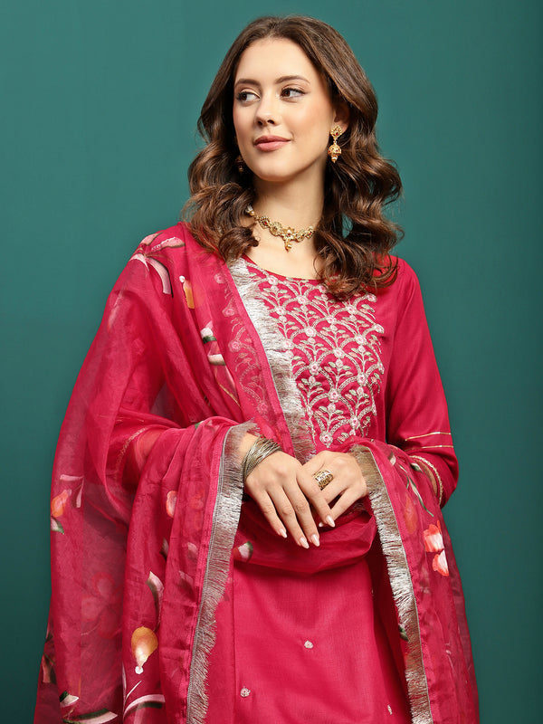 Aurora Thread Floral Embroidered Round-Neck Straight Kurta With Trousers & Dupatta