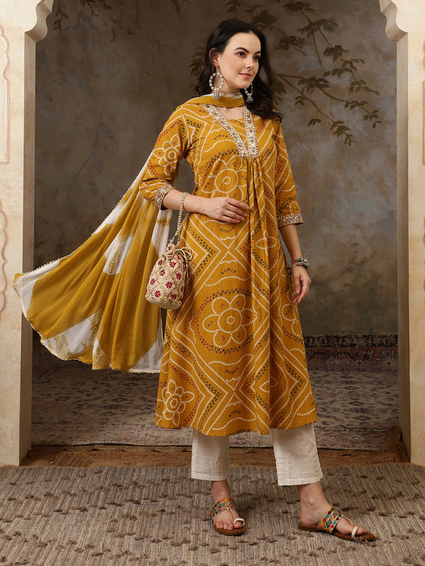 Sunehri Raag Bandhani Printed Pure Cotton Anarkali Kurta Set with Dupatta