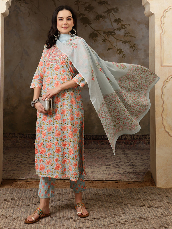 Neelika Floral Printed Blue Cotton Kurta with Trousers & Dupatta