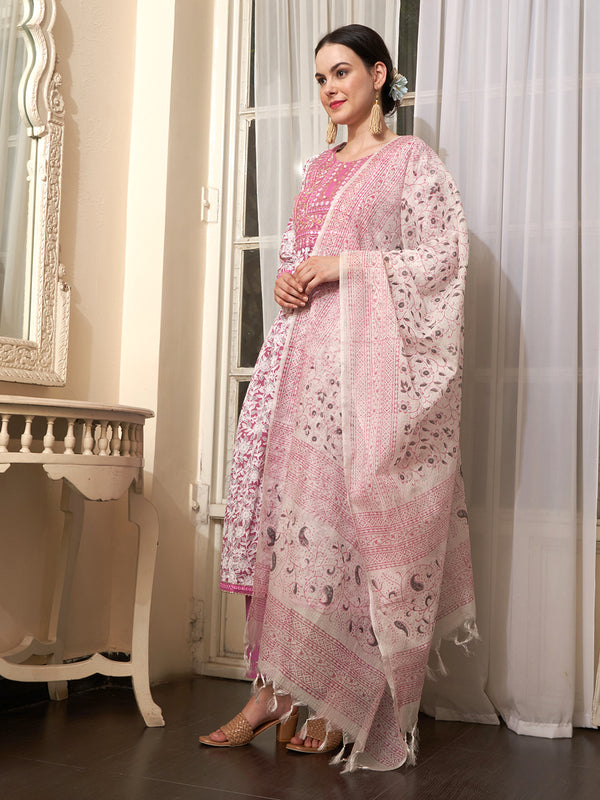 Mauve Embroidered Straight Pure Cotton Kurta With Trouser & Dupatta
