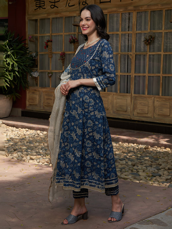 Blue Printed Gotta Patti Pure Cotton Empire A-Line Kurta with Trousers & Dupatta