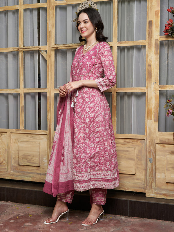 Ethnic Motifs Printed Pure Cotton Kurta with Trousers & Dupatta