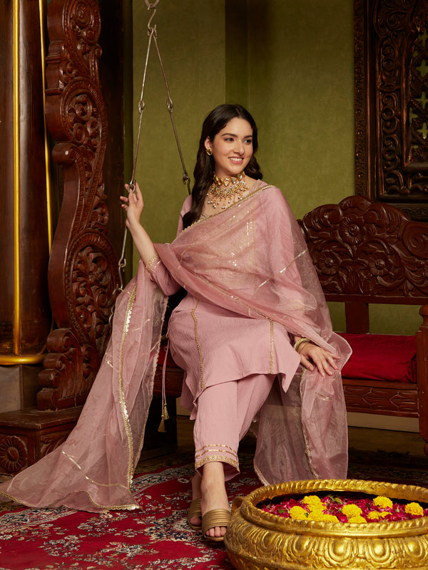 Mauve Ethnic Motifs Embroidered Sequinned Straight Kurta With Trouser & Dupatta