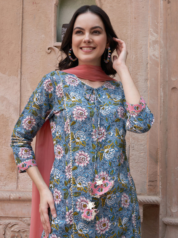 Blue Floral Printed Gotta Patti Pure Cotton Kurta with Trousers & Dupatta
