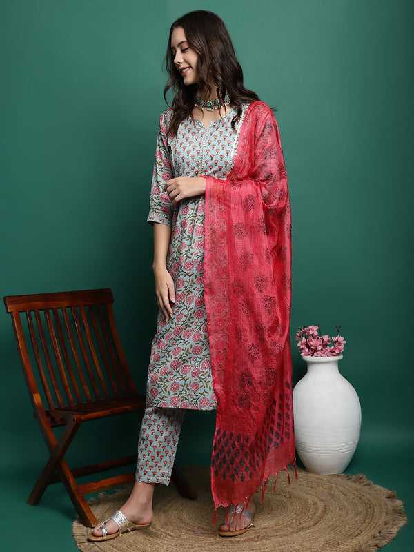 Sea Green Floral Printed Pure Cotton Kurta with Palazzos & Dupatta