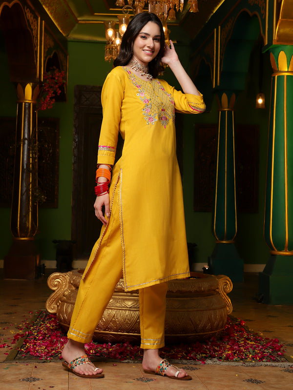 Yellow Floral Embroidered Gotta Patti Straight Kurta & Trouser With Dupatta