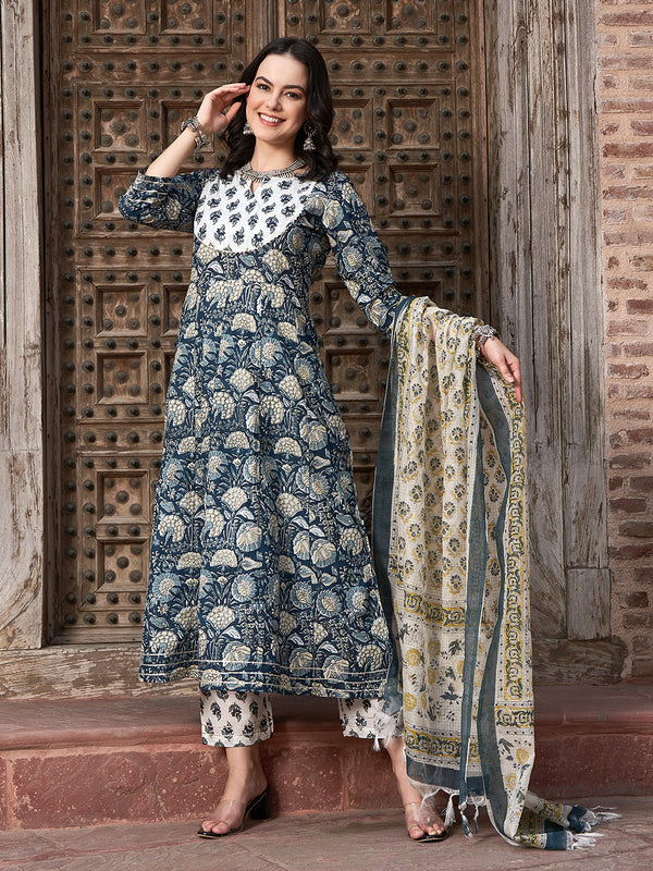 Navy Blue Floral Printed Pure Cotton Anarkali Kurta With Trouser & Dupatta