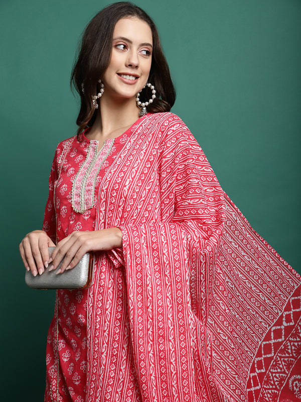 Red Printed Pure Cotton Kurta With Trouser & Dupatta