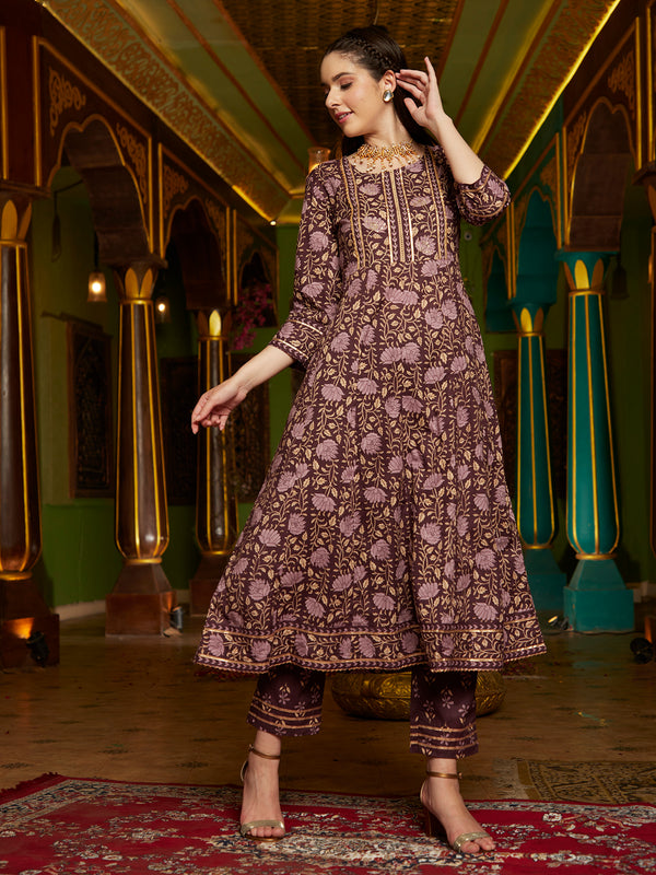 Purple Floral Printed Pure Cotton Anarkali Kurta & Trouser With Dupatta