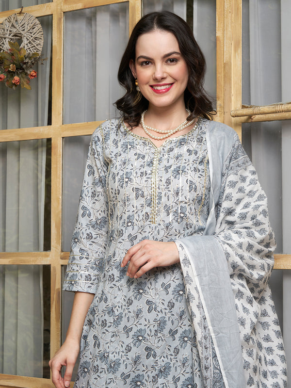 Serene Bloom Floral Printed Kurta Pant Dupatta Set