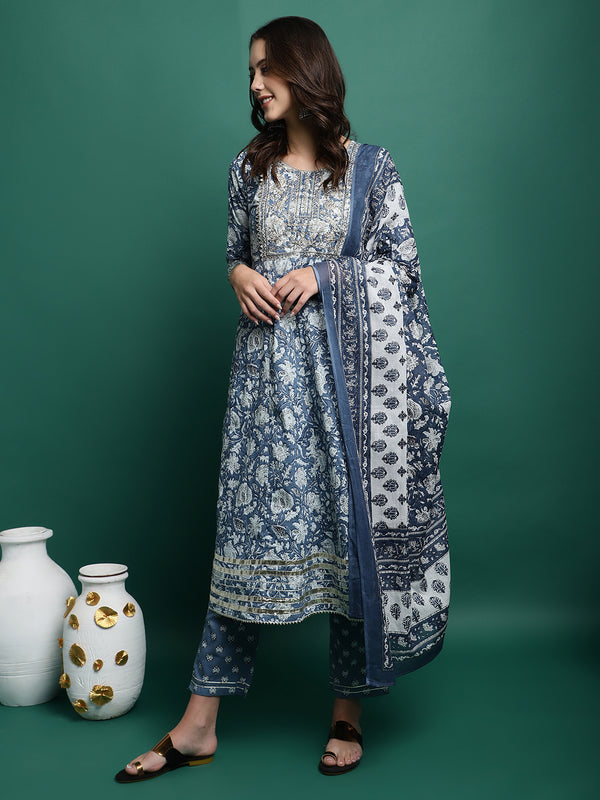 Blue Printed Thread Work Pure Cotton Empire A-Line Kurta with Trousers & Dupatta