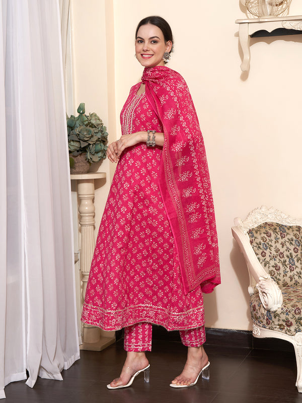 Printed & Embroidered Pure Cotton A-Line Kurta With Trouser & Dupatta