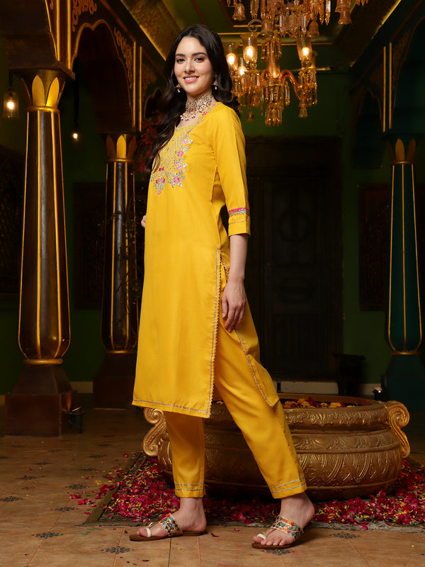 Yellow Floral Embroidered Gotta Patti Straight Kurta & Trouser With Dupatta
