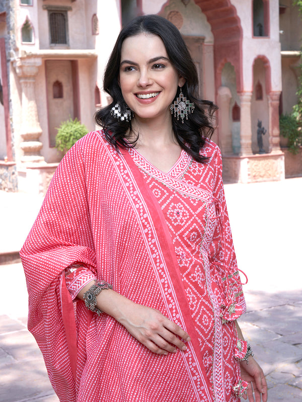 Pink Bandhani Printed Pure Cotton Angrakha Kurta With Trousers & Dupatta