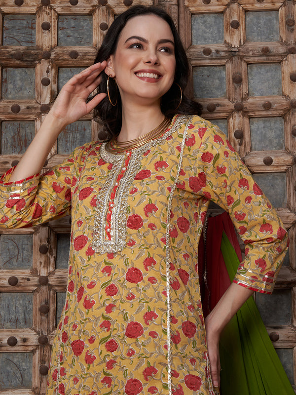 Apricot Aura Floral Printed Cotton Kurta Pant with Dupatta Set Ethnic Wear for Women