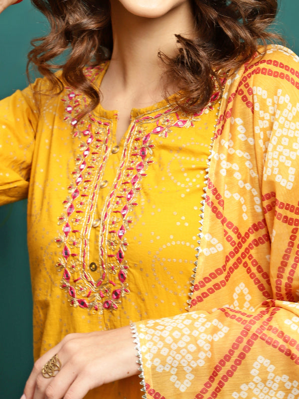 Sun Drape Printed & Embroidered Straight Kurta With Trouser & Dupatta Set