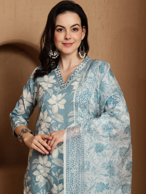 Blue Haven Premium Embroidered Kurta Trouser & Dupatta Set