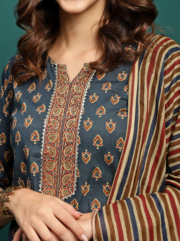 Ocean Drift Printed Pure Cotton Straight Kurta With Trouser & Dupatta Set