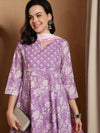 Lavender Bloom Floral Printed Notch Neck Pure Cotton Anarkali Kurta & Trousers With Dupatta