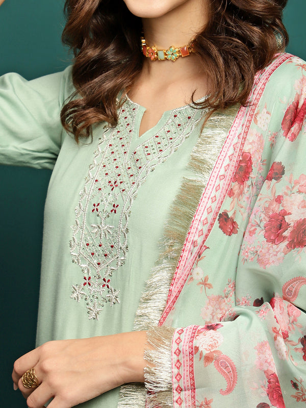 Mint Mirage Floral Embroidered Kurta & Trouser With Dupatta Set