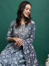 Blue Printed Thread Work Pure Cotton Empire A-Line Kurta with Trousers & Dupatta