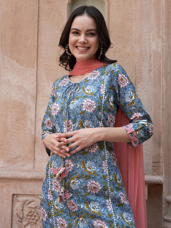Blue Floral Printed Gotta Patti Pure Cotton Kurta with Trousers & Dupatta