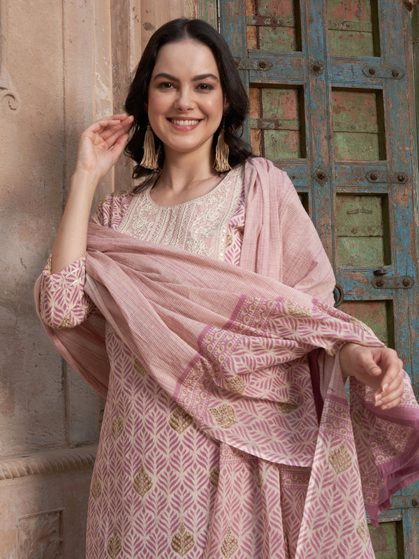 Mauve coloured Floral Printed Pure Cotton Kurta with Churidar & With Dupatta