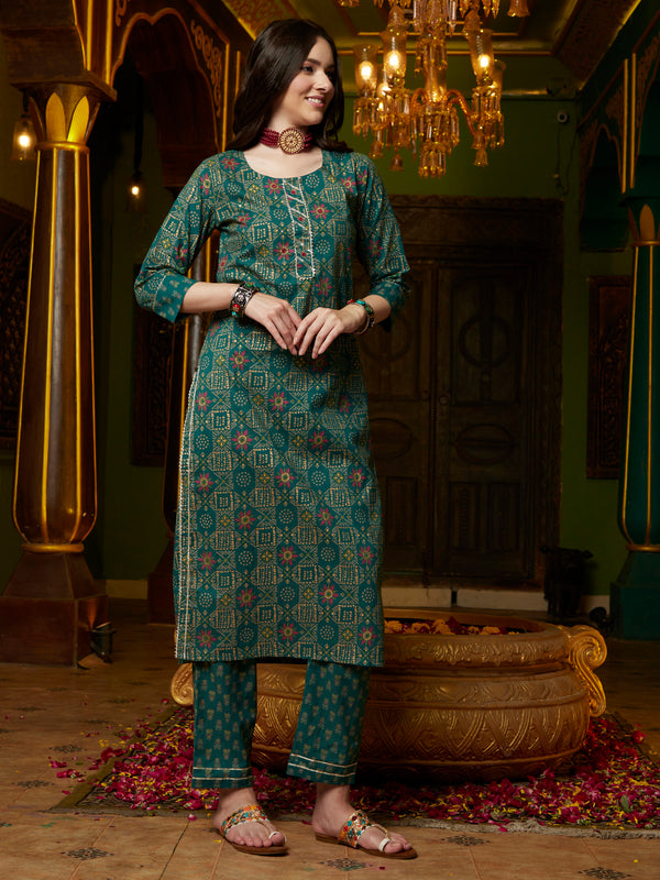 Green Ethnic Motifs Printed Gotta Patti Straight Kurta & Trouser With Dupatta