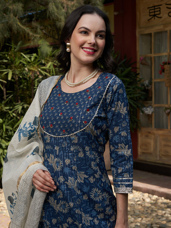 Blue Printed Gotta Patti Pure Cotton Empire A-Line Kurta with Trousers & Dupatta