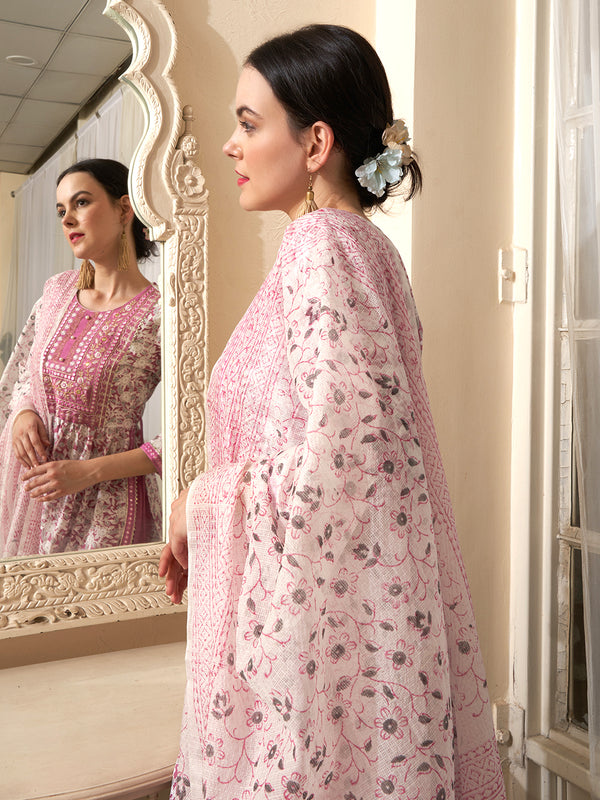 Mauve Embroidered Straight Pure Cotton Kurta With Trouser & Dupatta
