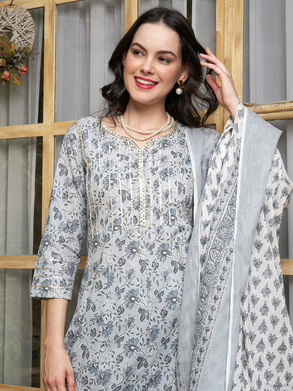 Serene Bloom Floral Printed Kurta Pant Dupatta Set