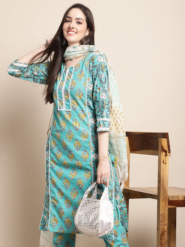 Blue & Gold Ethnic Motifs Printed Pure Cotton Kurta With Trouser & Dupatta