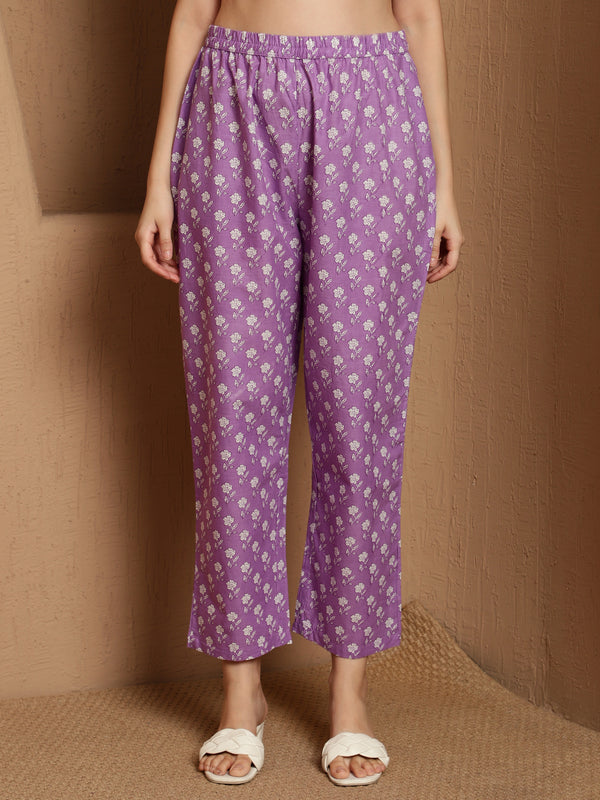 Lavender Bloom Floral Printed Notch Neck Pure Cotton Anarkali Kurta & Trousers With Dupatta