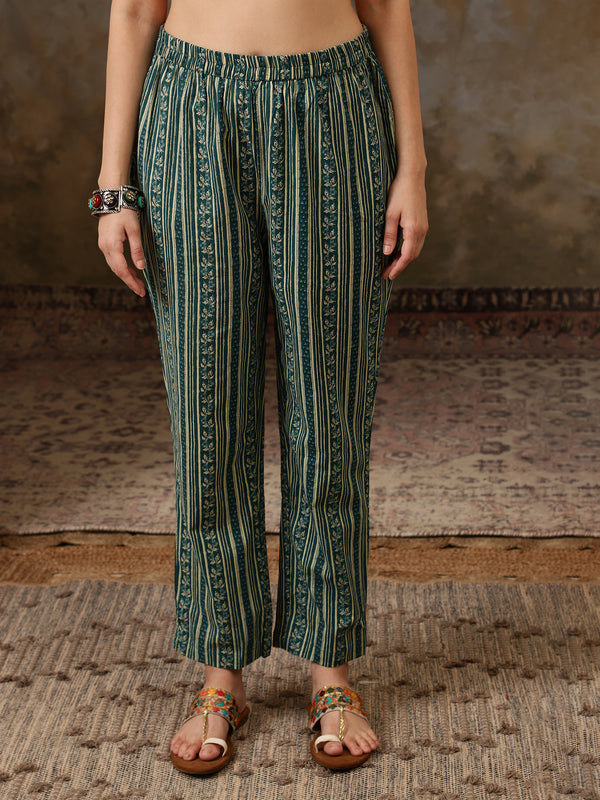 Meher Floral Printed Mirror Work Pure Cotton Straight Kurta Set with Trousers & Dupatta