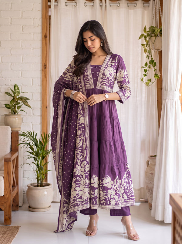 Purple Bloom – Printed Anarkali Kurta Pant with Dupatta Set