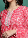 Red Printed Pure Cotton Kurta With Trouser & Dupatta