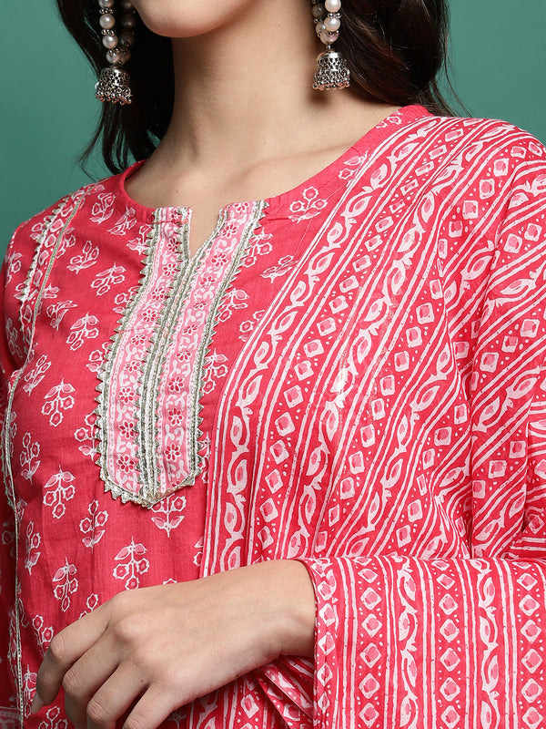 Red Printed Pure Cotton Kurta With Trouser & Dupatta